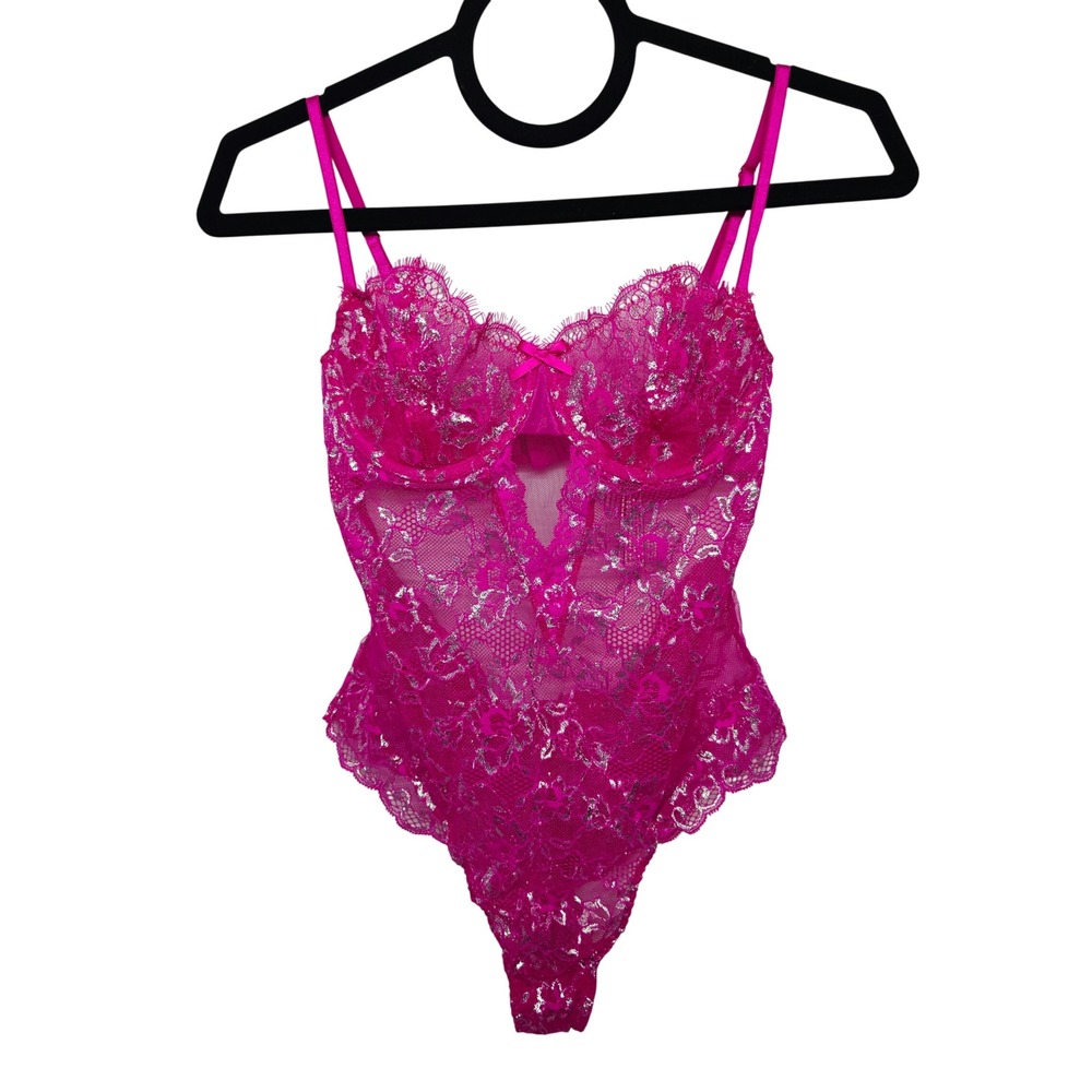 Victoria's Secret Teddy Women Medium Pink Silver Foil Lace Underwire Bodysuit